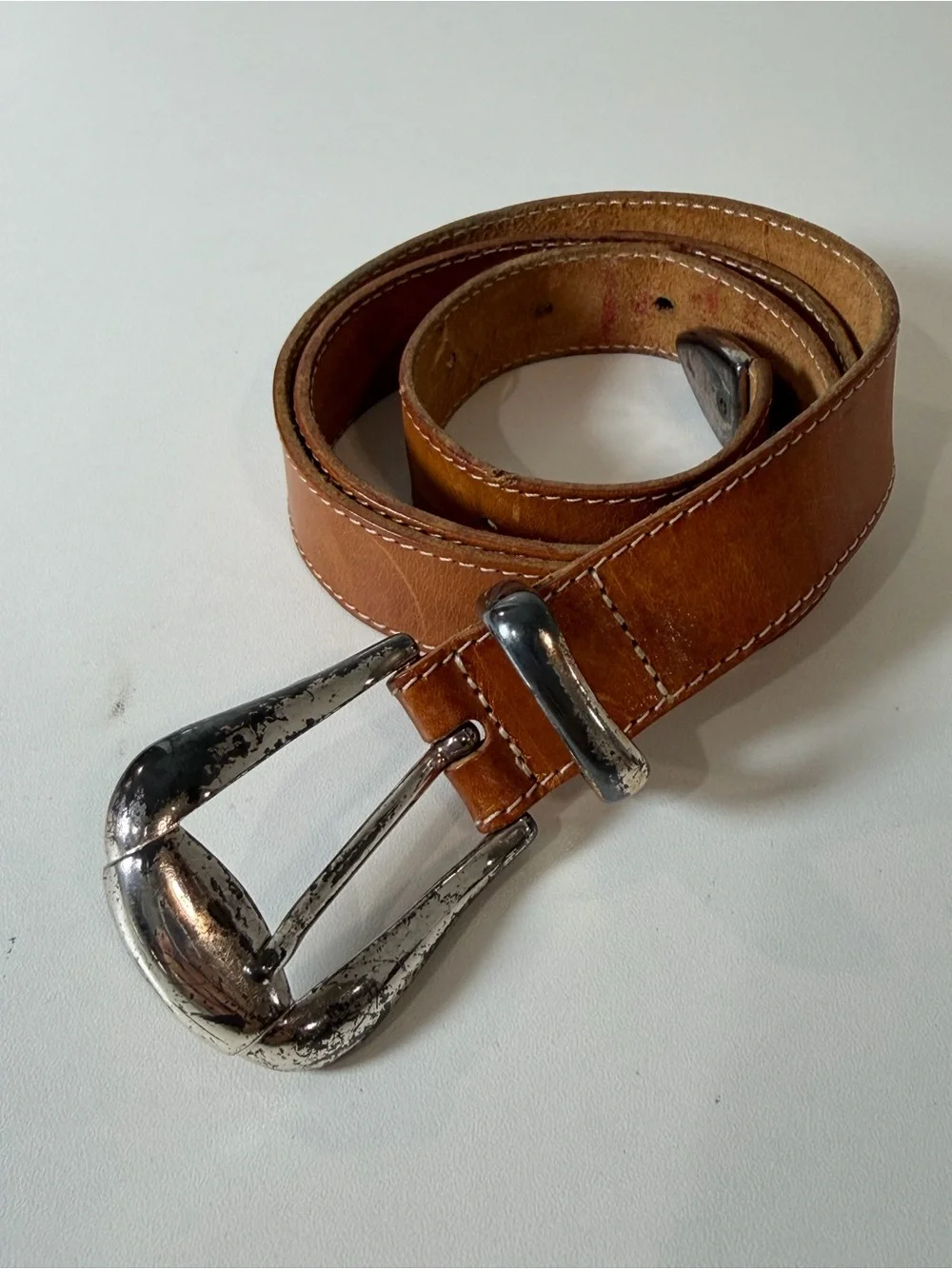 Linea Pelle by Mira K Medium Brown Genuine Leather Belt Distressed Silver Buckle